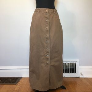 VTG 90s Christopher & Banks Brown Denim Button Down Maxi Skirt, 14